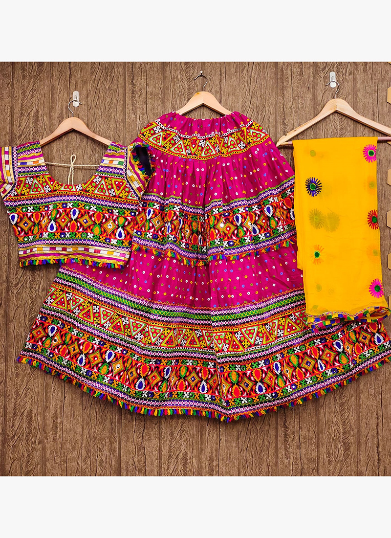 Navratri Wear Pink Yellow Mirror Work Rayon Cotton Lehenga Choli ARH50 4