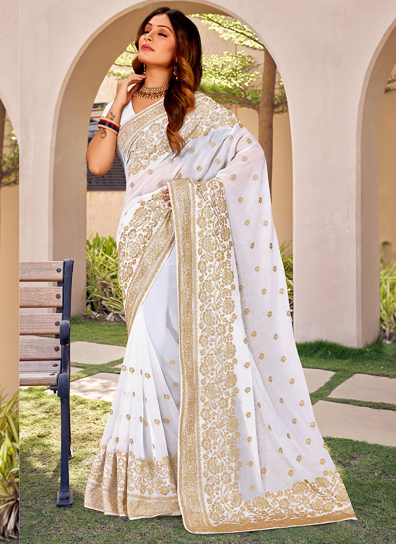 White And Gold Aari Embroidered Georgette Saree | Kashmiri saree | Kashmir  Box – KashmirBox.com