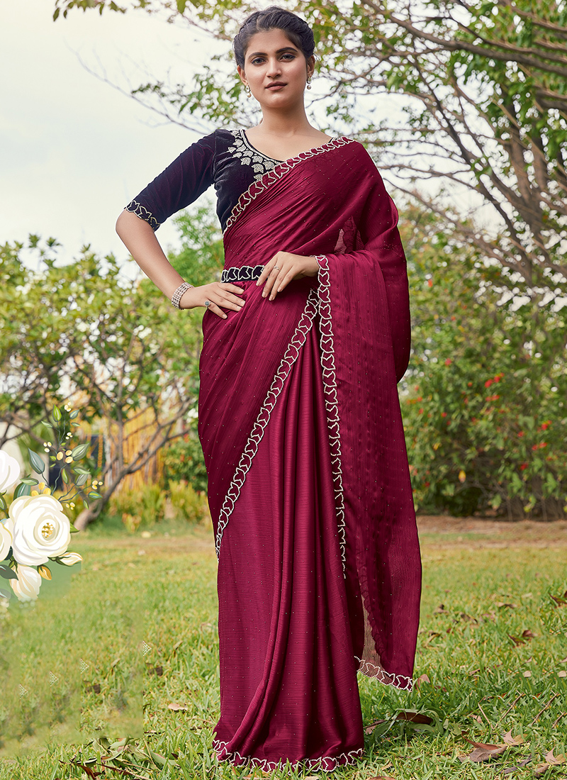 Buy Cherry Red Saree In Georgette With Jaal Work In Golden Zari