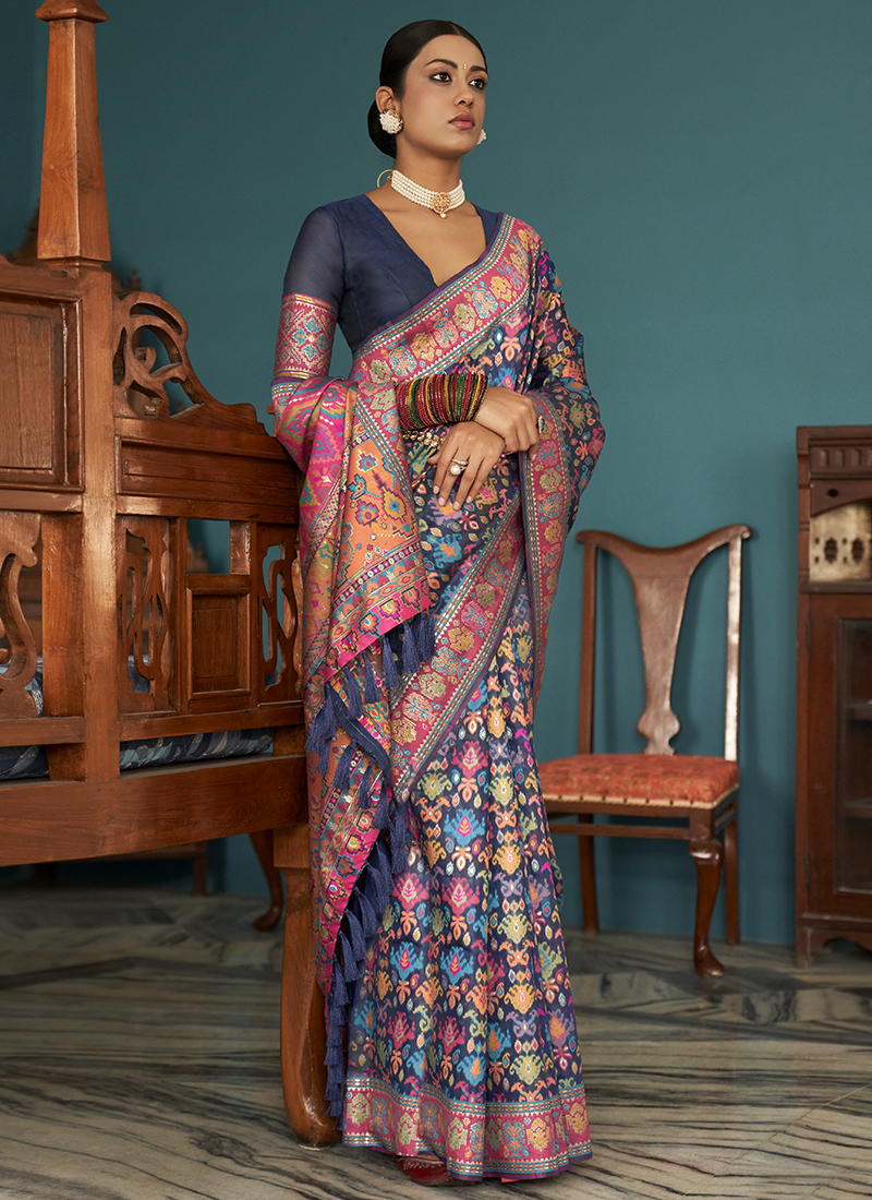 JJ's Crafted Elegance Kashmiri Pashmina Saree with Cotton Silk Base &  Paisley Border - Jinal & Jinal - 4080434