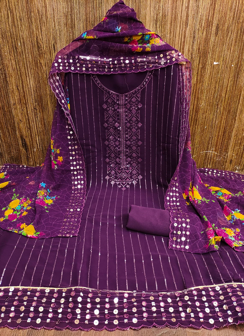 Women's Purple Floral Embroidered Banarasi Silk Suits & Dress Materials