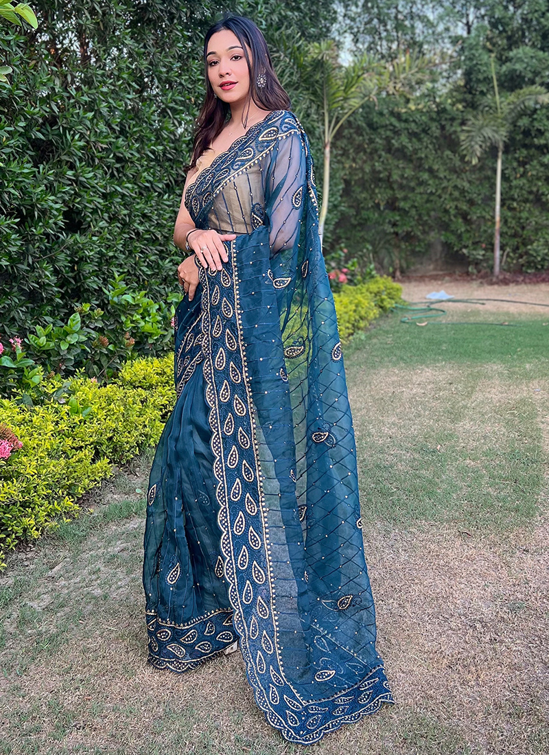 Crushed organza saree with embroidery and cutwork. Rs.5850. For enquiries  pls whatsapp to 8138917583. | Instagram