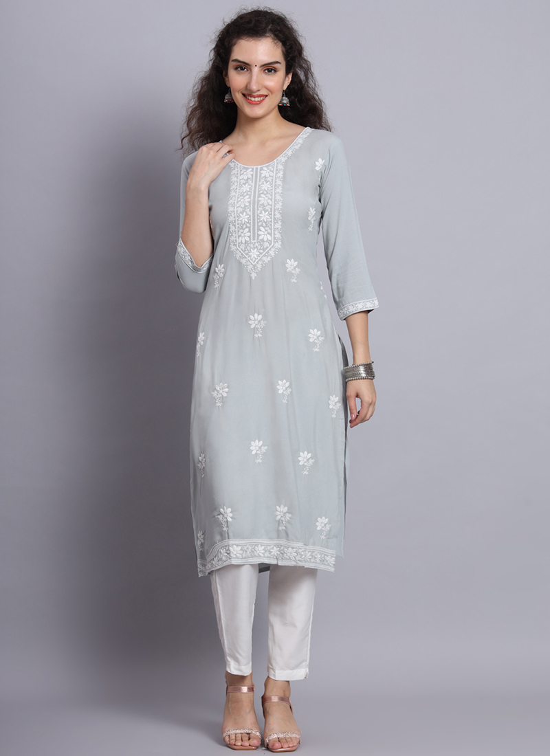 Ada Women Hand Embroidered Grey Georgette Lucknow Chikan Kurta With Slip -  A411358 - Ada - 3720199