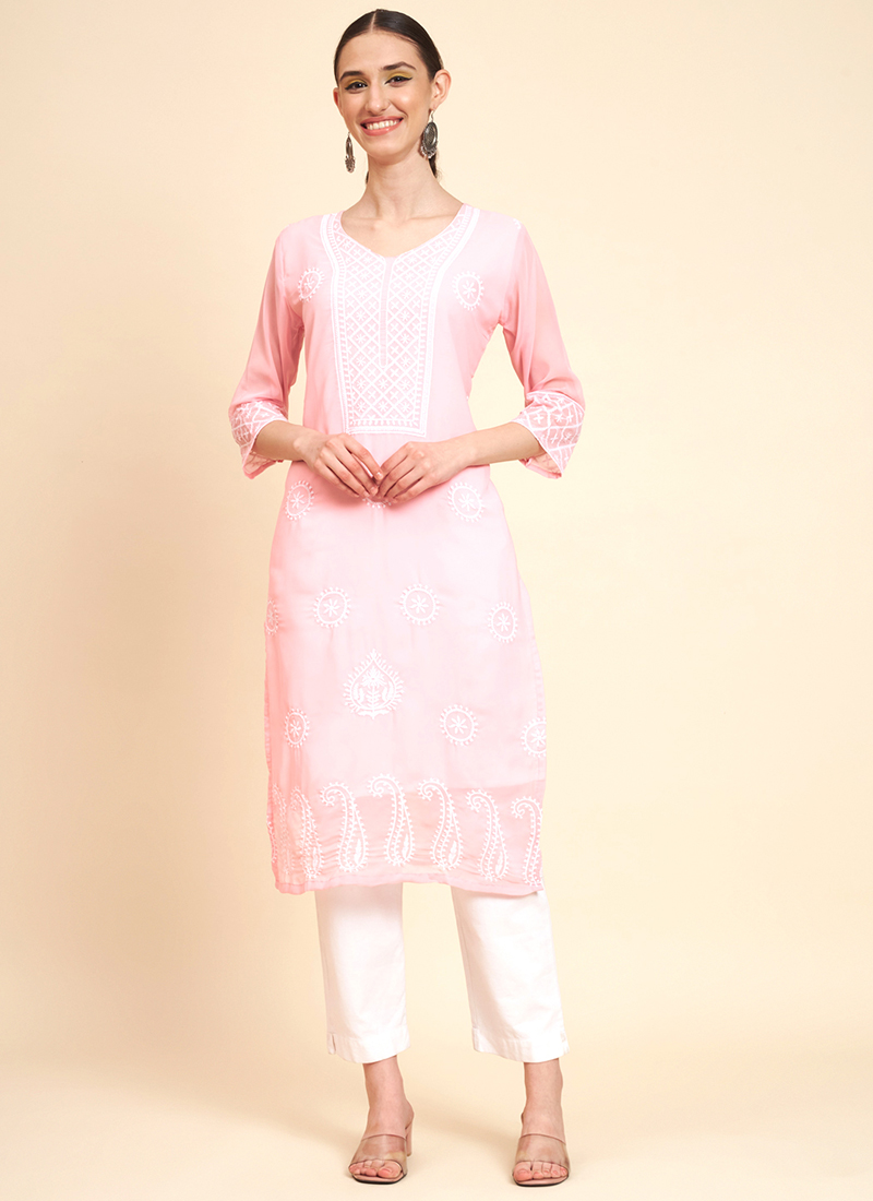 Blush-Pink Georgette Kurti Style Lehenga Choli with Sequins, Gota Patti,  Thread Embroidery and Net Dupatta | Exotic India Art