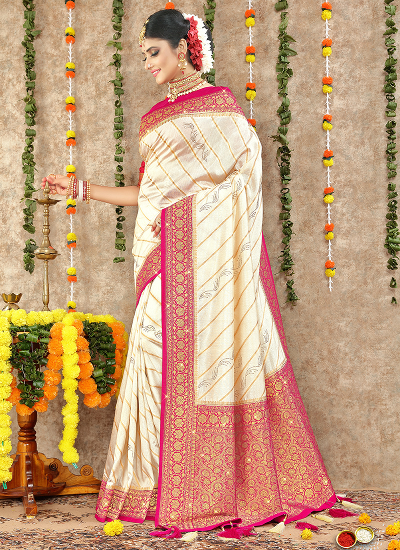 Cream And Pink Woven Kanjivaram Silk Saree – Zari Banaras