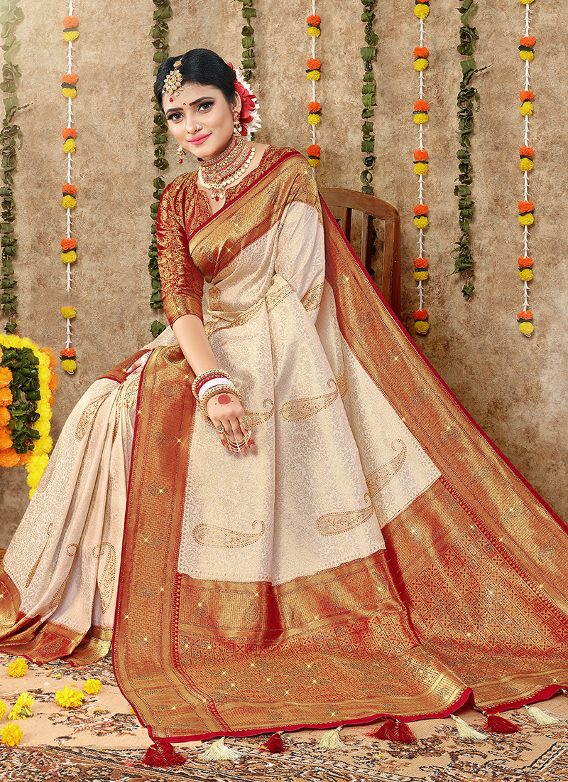 Beige Silk Woven Zari Party Wear Saree