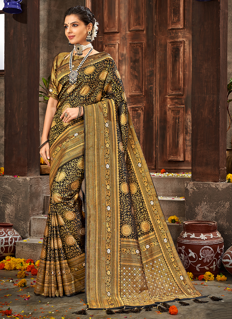 Buy Wedding Wear Black Weaving Brocade Silk Saree Online From