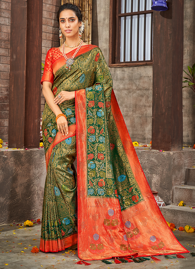 Orange Green Dhakai Jamdani Sarees Get Extra 10% Discount on All Prepa –  Dailybuyys