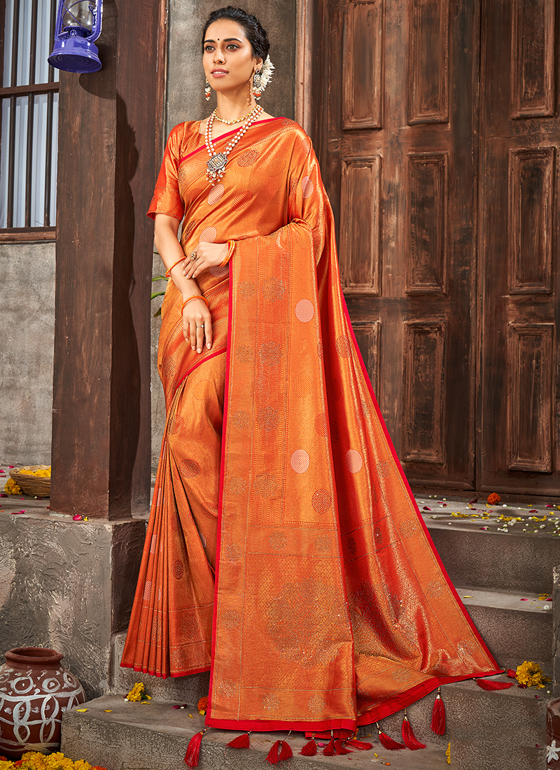 Buy Orange Banarasi Silk Saree With Blouse online-Karagiri