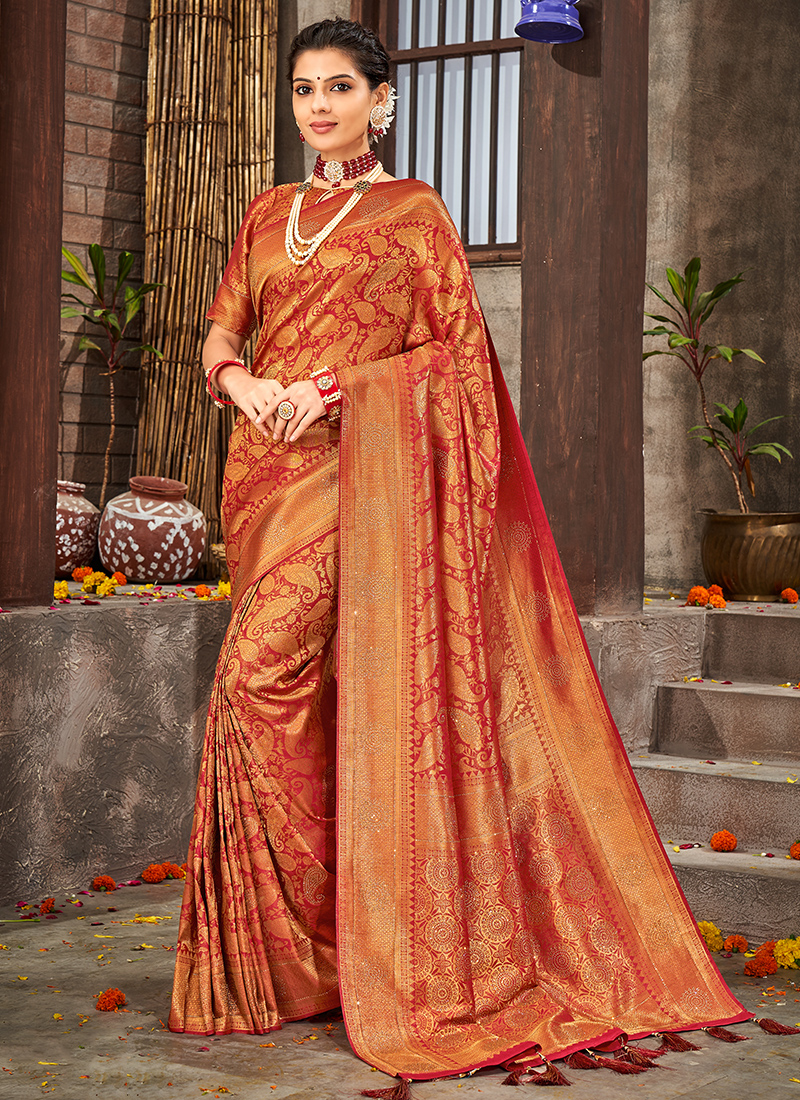 Buy Bridal red zari woven banarasi brocade Saree online - Karagiri –  Karagiri Global