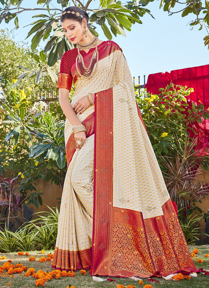 Buy BoxerKaart Woven Bollywood Jacquard Cream Sarees Online @ Best Price In  India | Flipkart.com