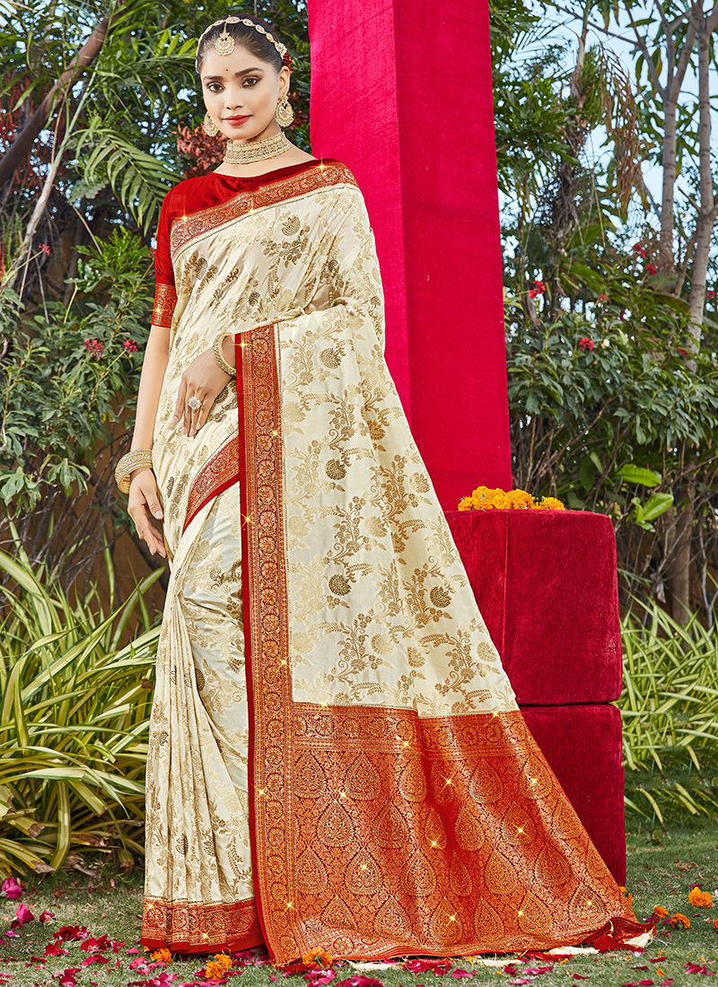 Cream Bridal Woven Banarasi Silk Saree With Red Blouse at Rs 650.00 |  Banarasi Sarees | ID: 2853504456112