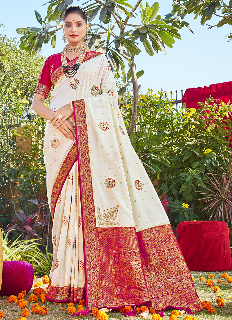 Creamy Off-white And Red Zari Border Silk Saree With Blouse at Rs 1800.00 |  Zari Border Sarees | ID: 2850493809088