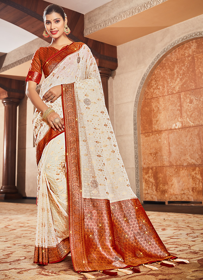 Red stone best sale work saree