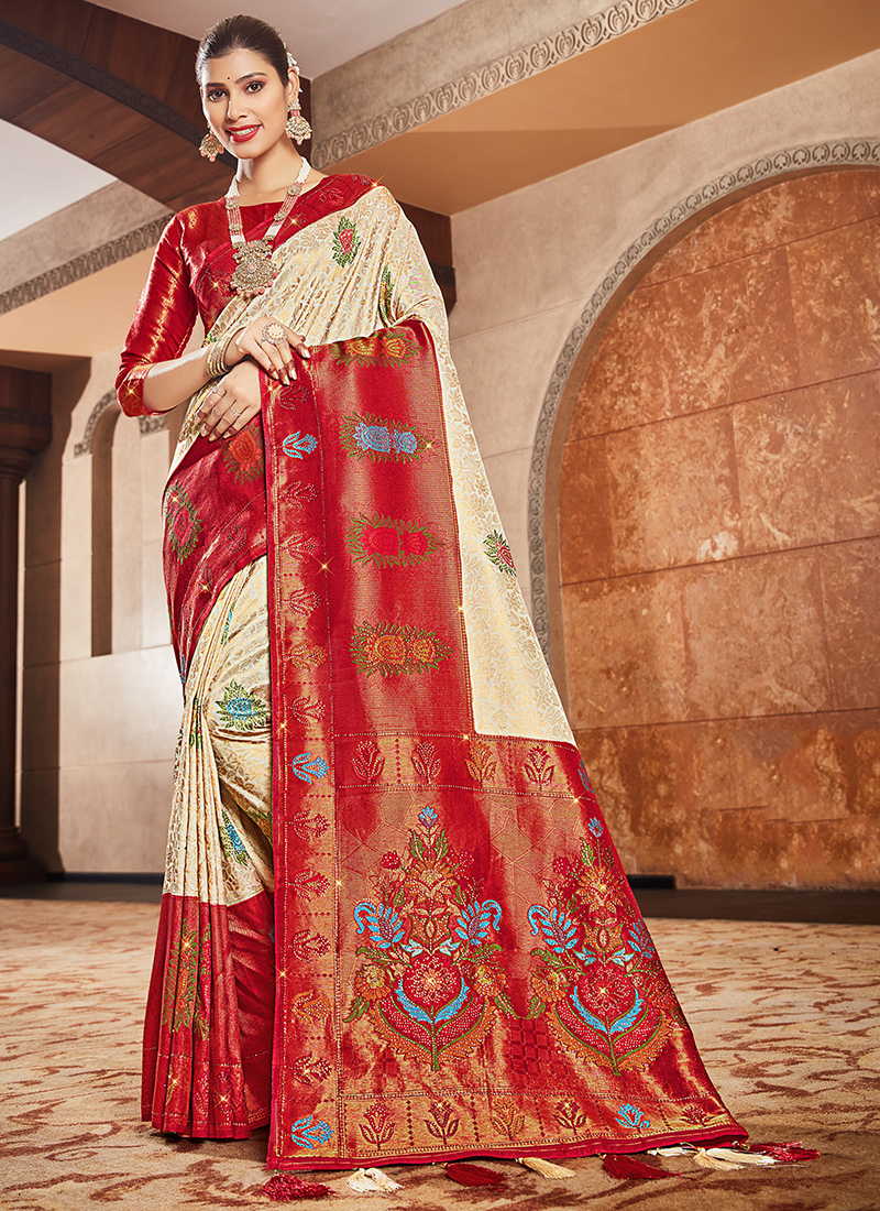 Expensive | Red Mehndi Stone Work Sarees online shopping