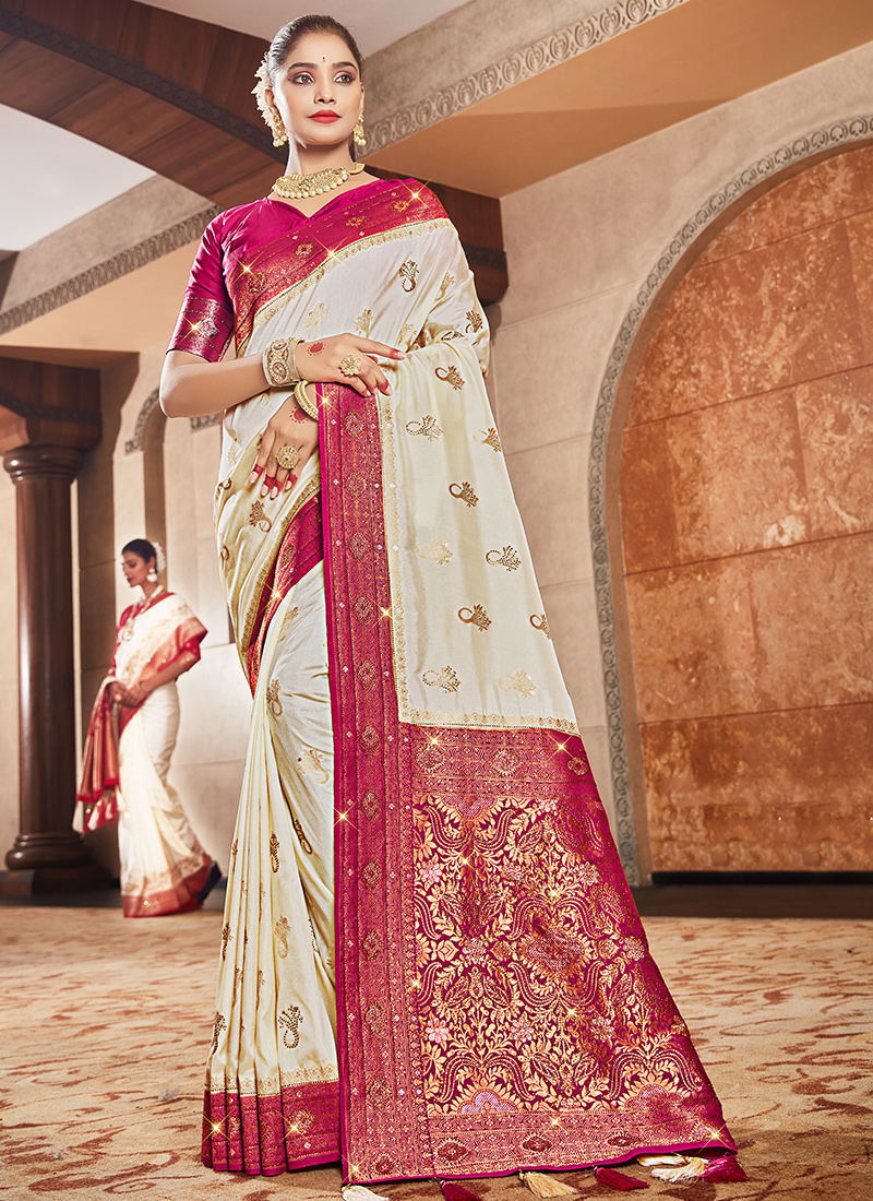 Cream Color Patola Silk Wedding Sarees For Bride