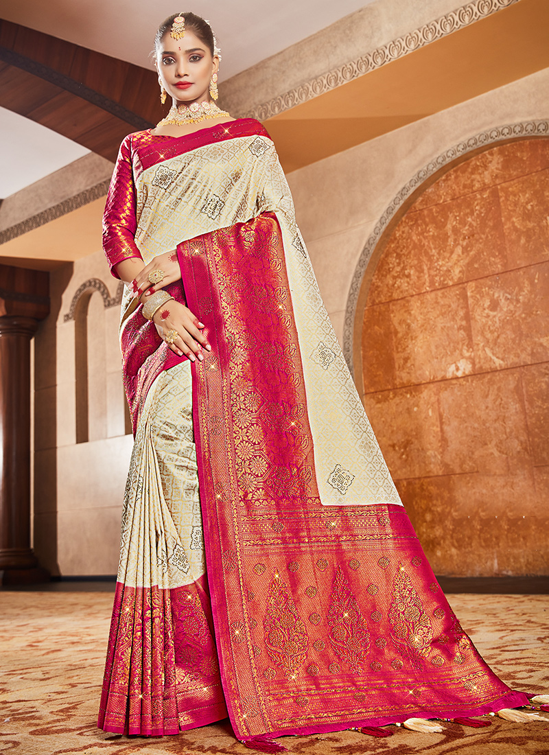 Buy Stylish Peach and Cream Silk Embroidered Wedding Saree With Cotton  Blouse at best price - Gitanjali Fashions