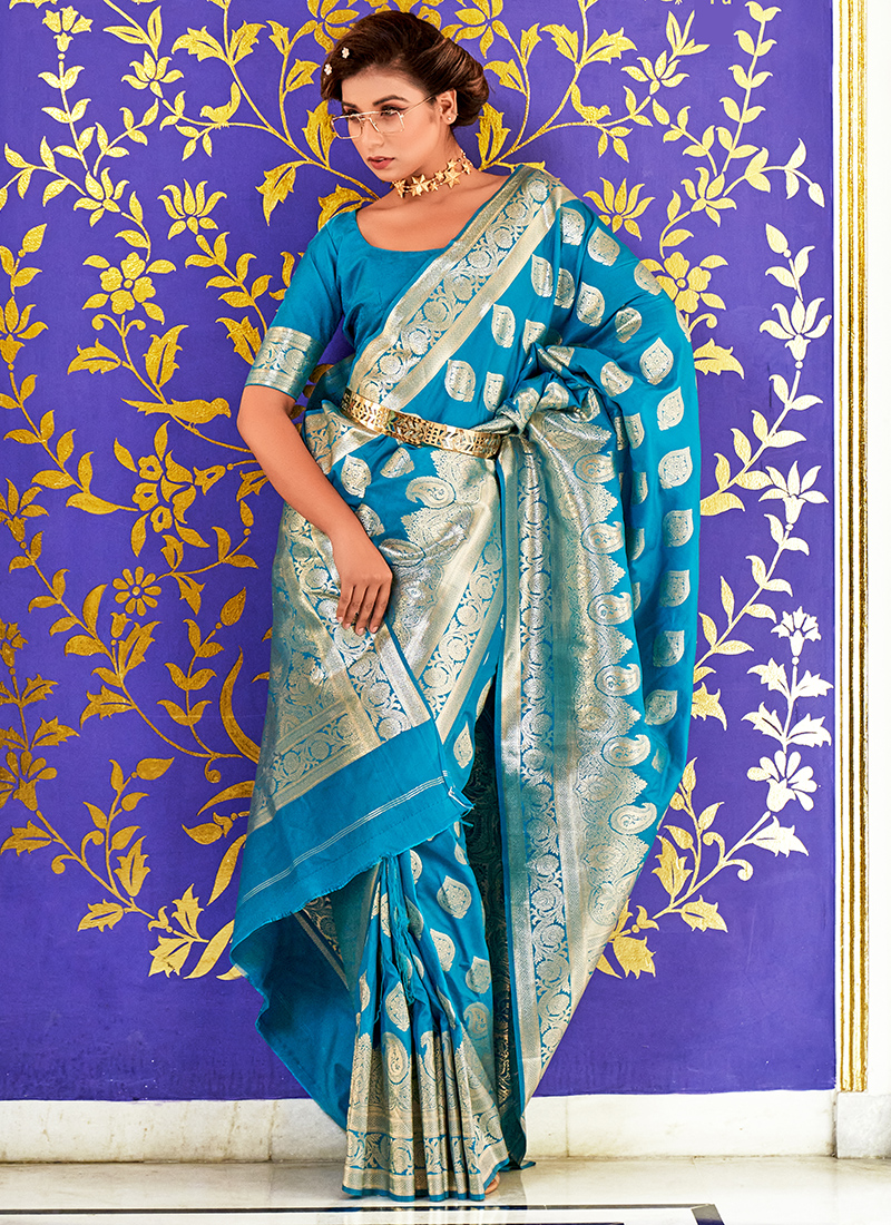 Ladies Sky Blue Printed Banarasi Silk Saree at Rs 999 | Banarasi Saree in  Maunath Bhanjan | ID: 2852002255991