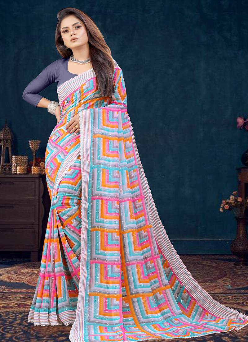 EXCELLENT MULTI COLOUR GEORGETTE SAREE WITH BLOUSE PIECE | The Fanso