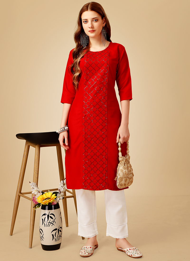 Laxmipati Linen Satin Scarlet Red Straight Cut Kurti With Pant – Laxmipati  Sarees | Sale