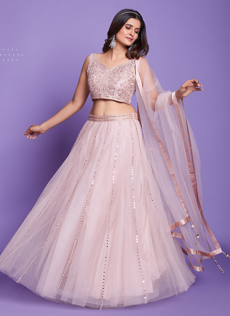 Buy Wedding Wear Beige Mirror Work Soft Silk Ready To Wear Lehenga