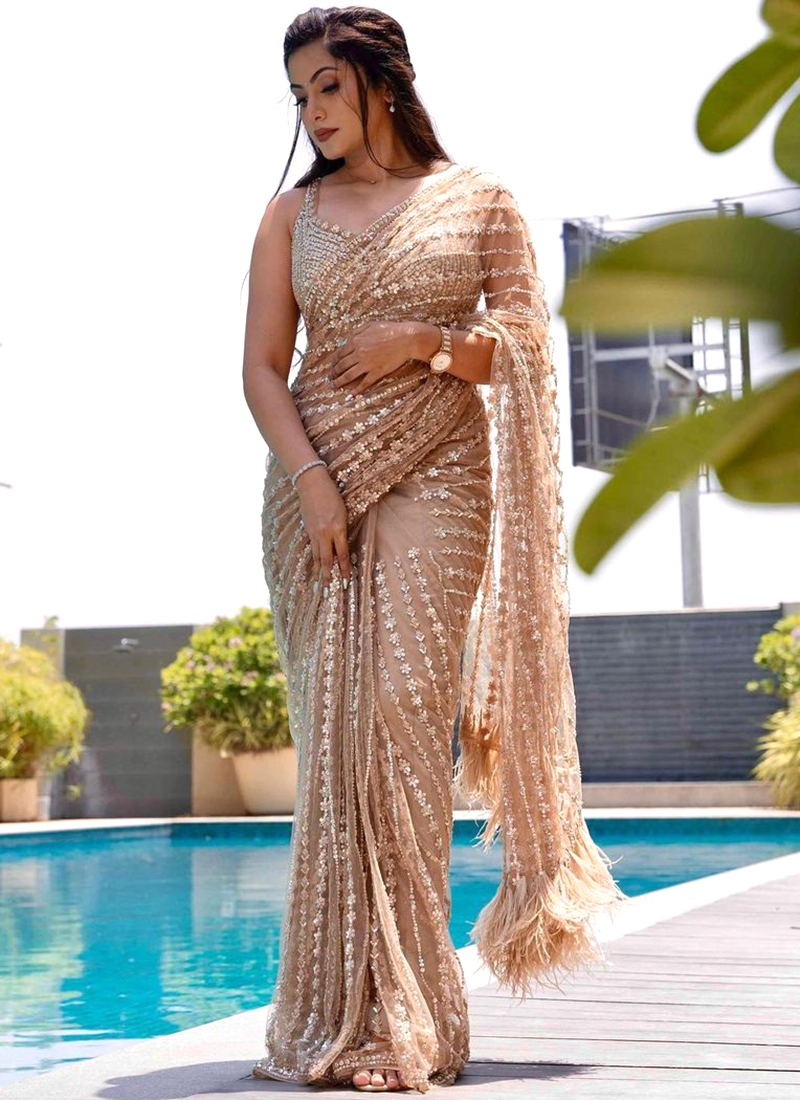 Buy Gold Saree In Sequins Fabric With Moti Embroidered Border And  Unstitched Blouse KALKI Fashion India