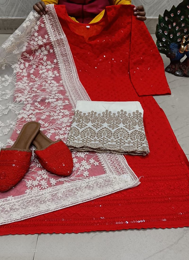 Red Color Chikankari Work festival Special Anarkali Suit ...