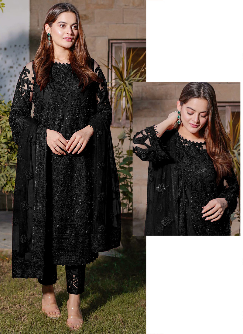 Net Sequins Work Pakistani Suit In Black Colour