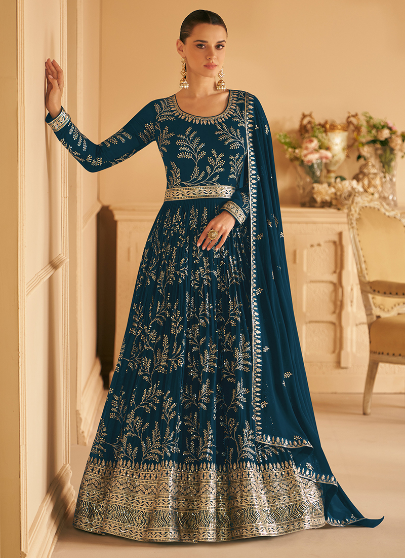 Indigo Blue Gown with Heavy Golden Zari Work, Design GWN #938 - DesiGifts  LLC