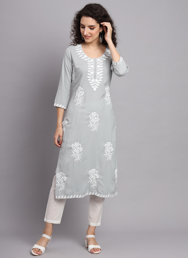 Buy Grey & White Modal Rose Lucknowi Chikankari Party Wear Rayon Kurti  Online at Kiko Clothing