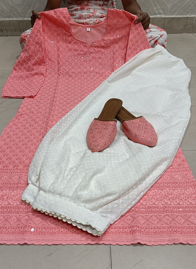 Pink 3D Work Chikankari Suit | Gashpatti Lucknowi Kurti | Jhakhas