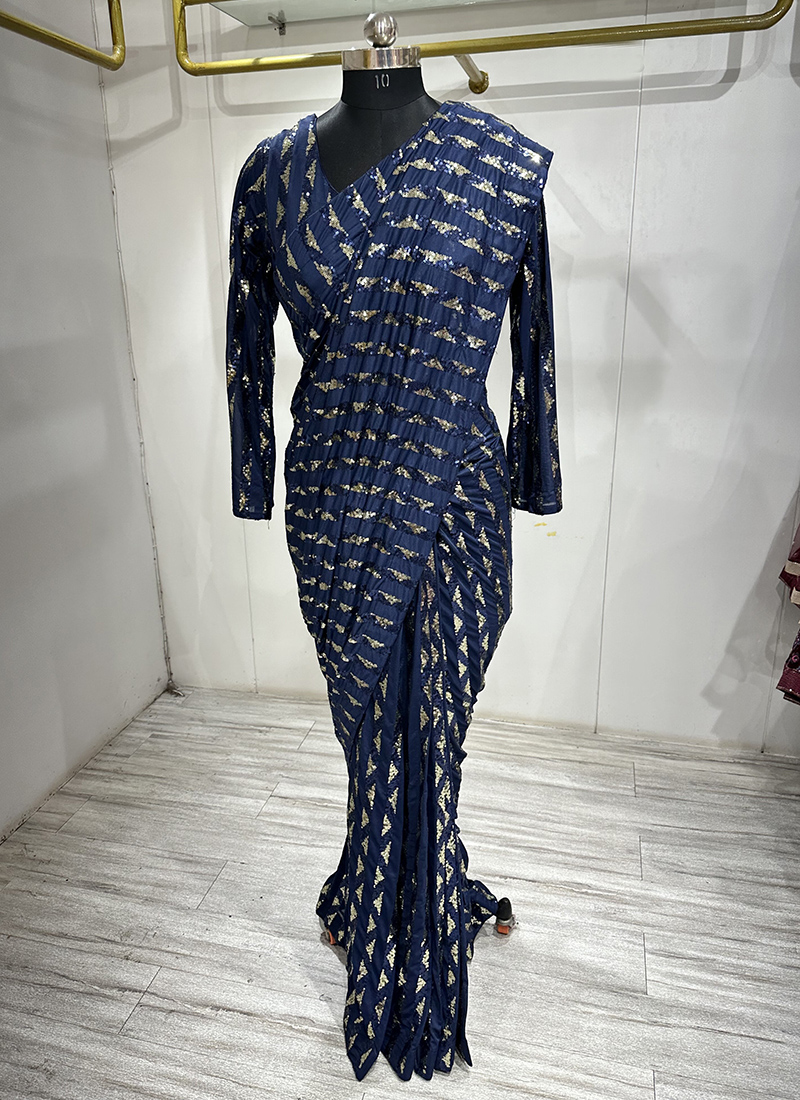 Party Wear : Navy Blue Embroidered Saree with Designer Blouse [Available]