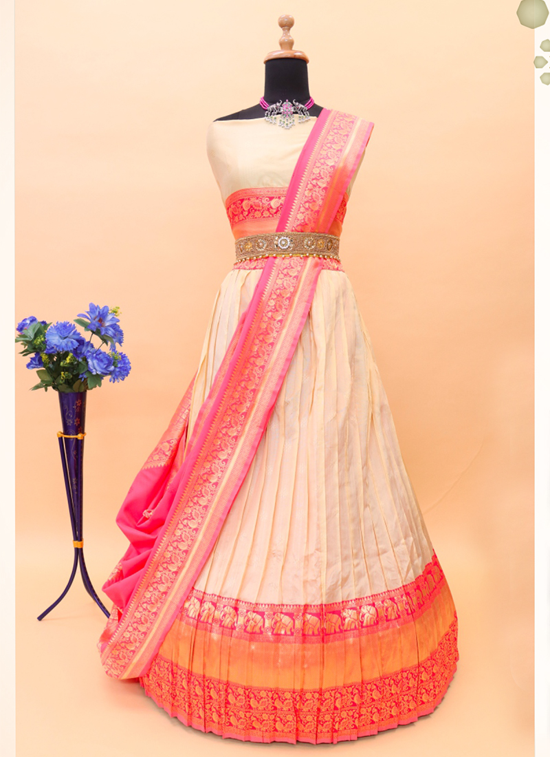 Read and off white Pattu lehenga suit - Unstitched. – shakthistyles