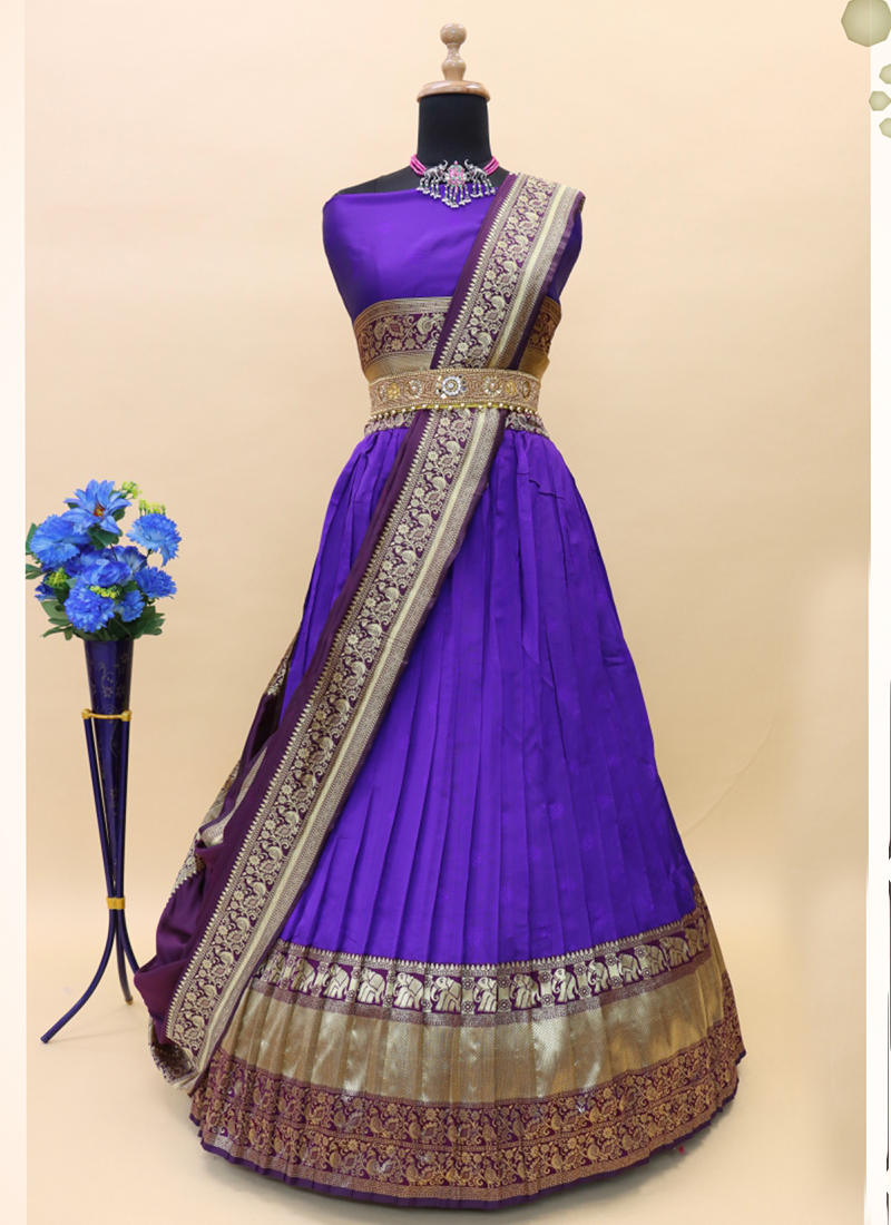 Party Wear Violet Weaving Work Banarasi Jacquard Pattu Lehenga