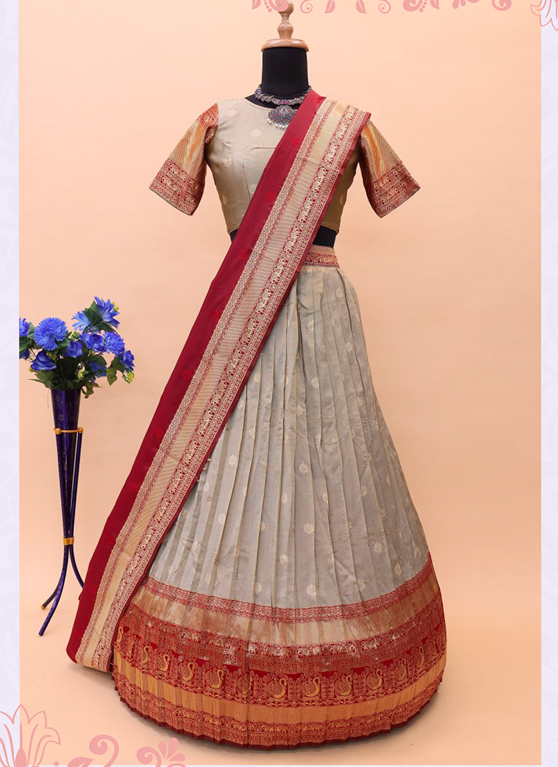 Buy Traditional Wear Dusty Cream Weaving Work Banarasi Jacquard Pattu Lehenga  Choli Online From Surat Wholesale Shop.