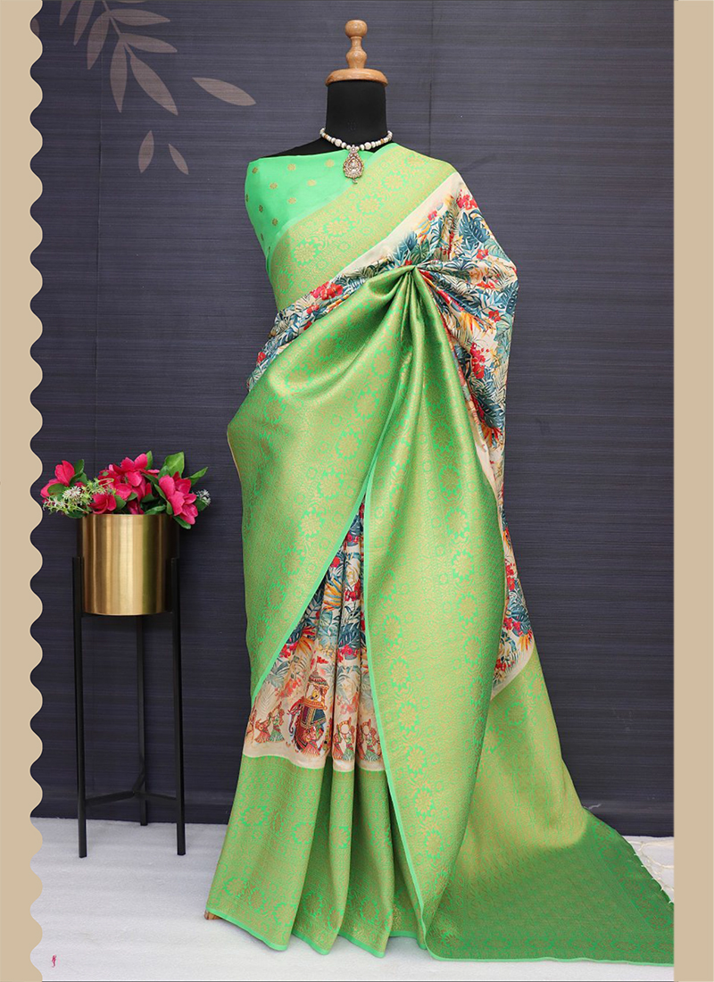 Pure Silk Checks Gadwal Silk Saree in Bright Orange, Deep Forest Green –  Bengal Looms India