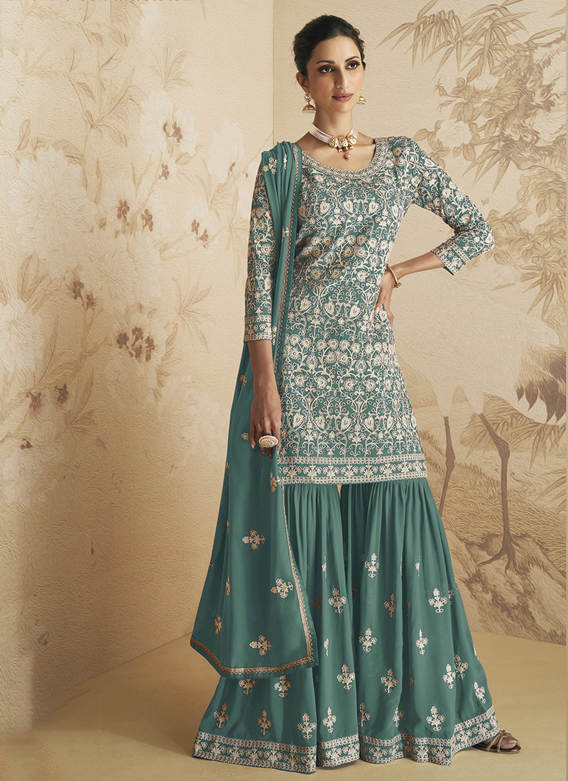 Teal Real Georgette Sharara Suit