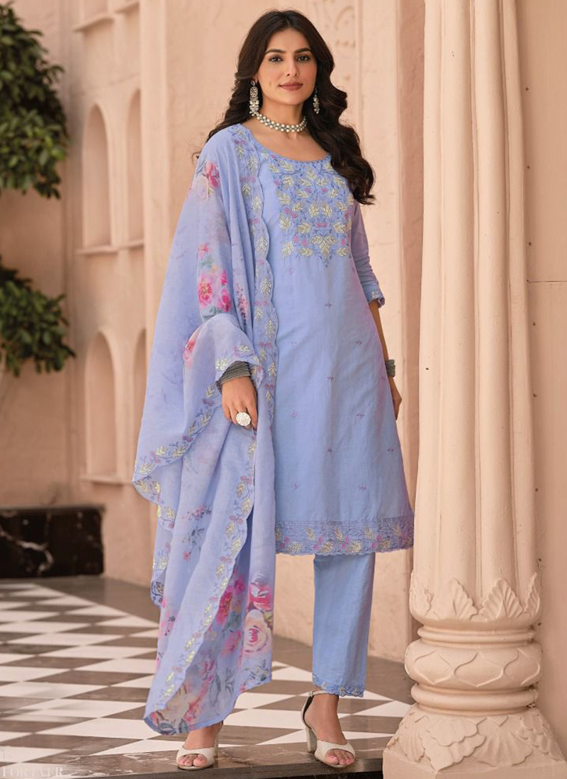 Embroidery Work Rayon Printed Women Sky Blue Salwar Kameez With Dupatta  Dress. | eBay