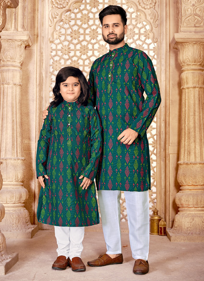 Casual Wear Green Printed Magic Cotton Combo Kurta Pajama FATHERSON5 1005