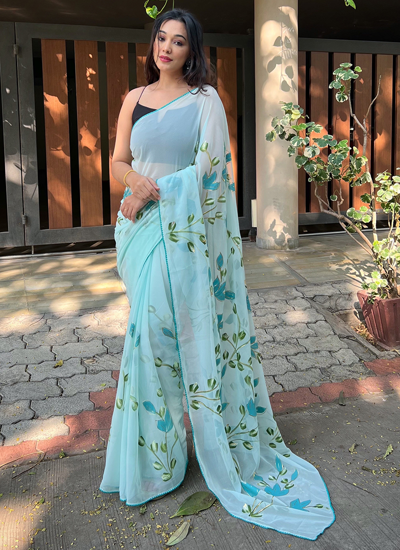 Embroidered Georgette Saree in Sky Blue – Common Kiwi