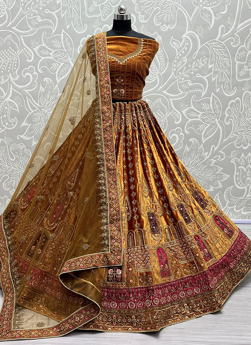 Buy Bridal Wear Golden Embroidery Work Velvet Lehenga Choli ...