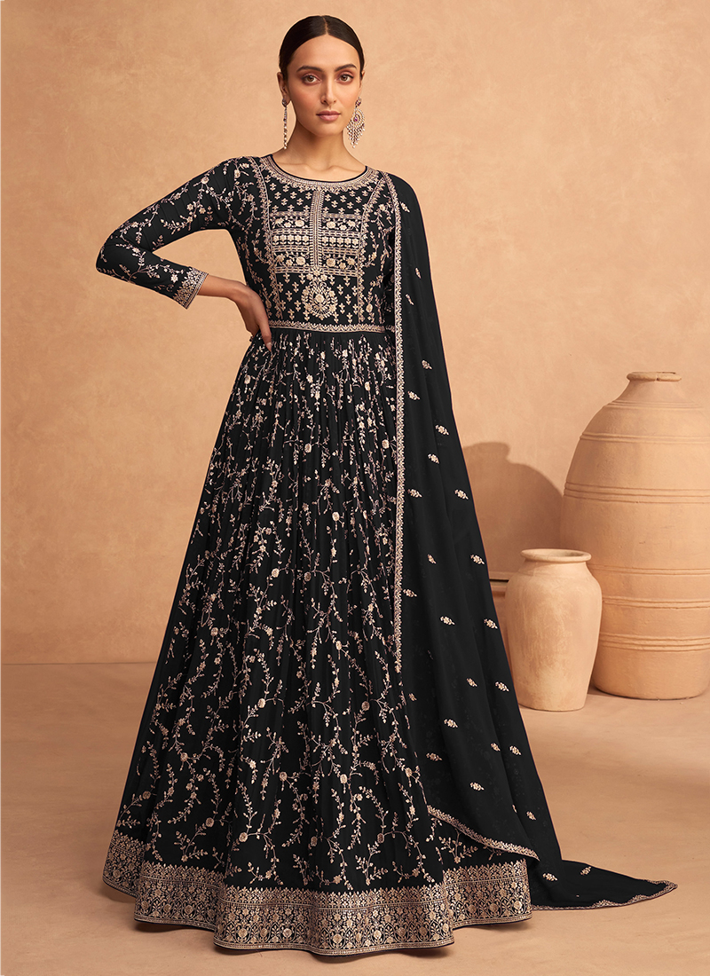 Buy Wedding Wear Black Sequins Work Faux Georgette Anarkali Suit Online  From Surat Wholesale Shop.