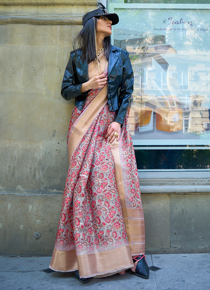 Organza silk saree | Floral print chiffon maxi dress, Saree designs party  wear, Saree look