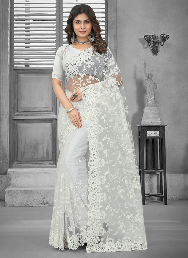 Buy Wedding Wear White Embroidery Work Net Saree Online From Surat  Wholesale Shop.