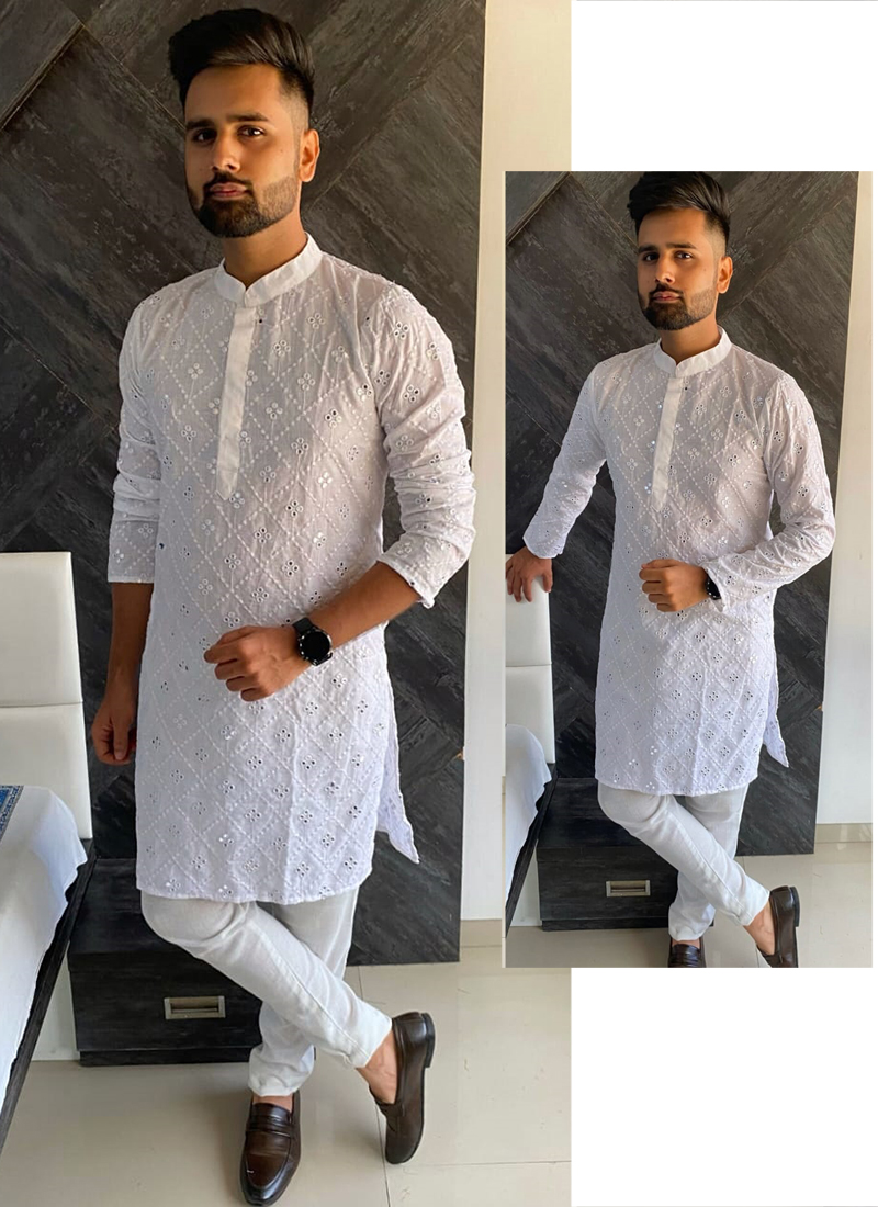 White Pure Soft Slub Silk Heavy Embroidery Work Kurta Pajama with Koti Jacket