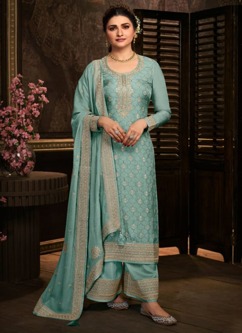 Buy Traditional Wear Turquoise Blue Embroidery Work Dola Jacquard ...