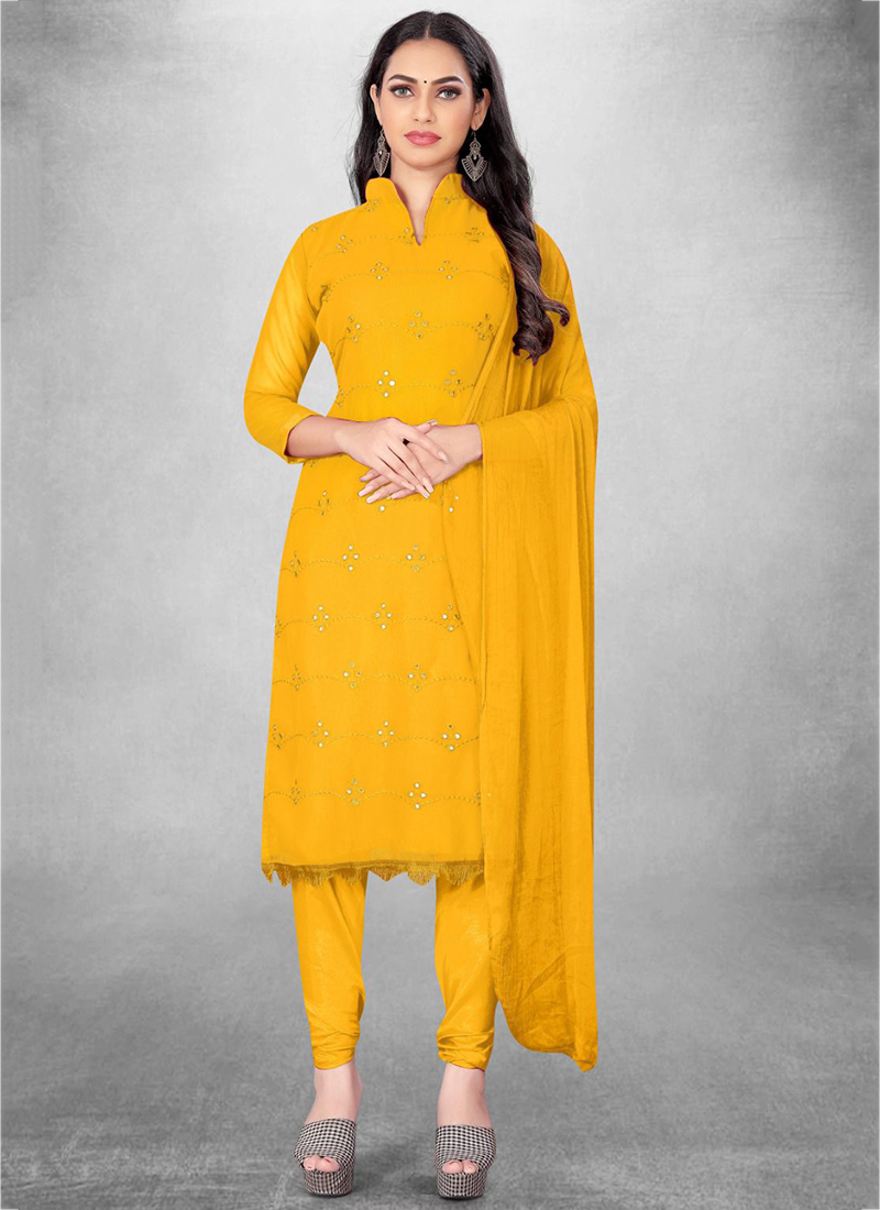 Silk georgette readymade kurti set mustard yellow with allover sequin –  Maatshi