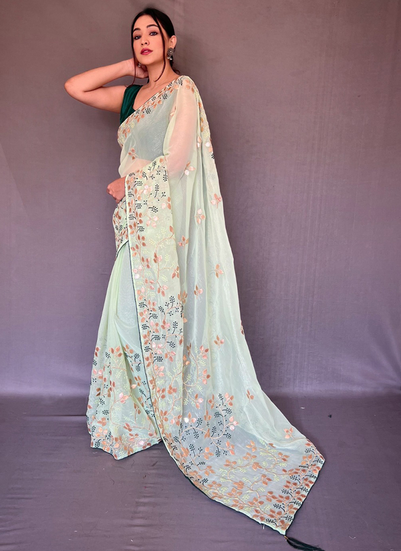 White Printed Chiffon Saree – Leemboodi