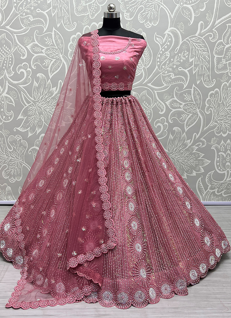 Buy Wedding Wear Onion Pink Embroidery Work Net Lehenga Choli ...