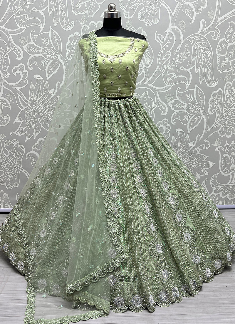 Buy Wedding Wear Pista Green Zarkan Work Soft Net Lehenga Choli Online From  Surat Wholesale Shop.